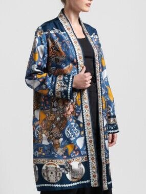 Sabina Savage Silk The Lion And Tiger's Tea Party Midi Jacket In Sapphire/Gold